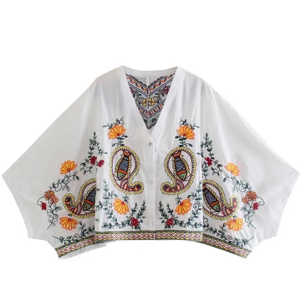 Boho Floral Embroidered Batwing Sleeve Blouse Ruffle Mini Skirt Set - Picture 8 of 14